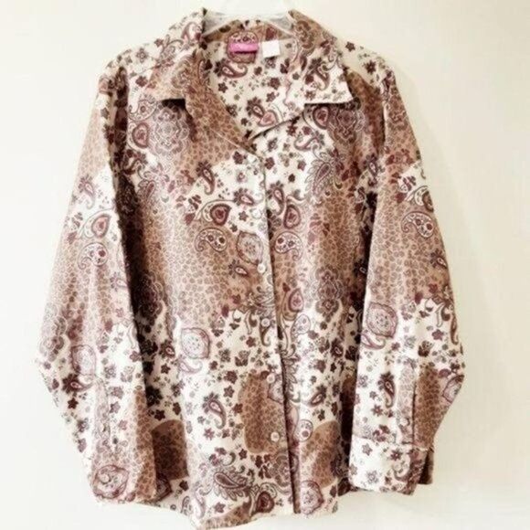 PAPPAGALLO Shirt 1X Artsy Western Ranch Tan Red Paisley Animal Print Button Down - Picture 1 of 7